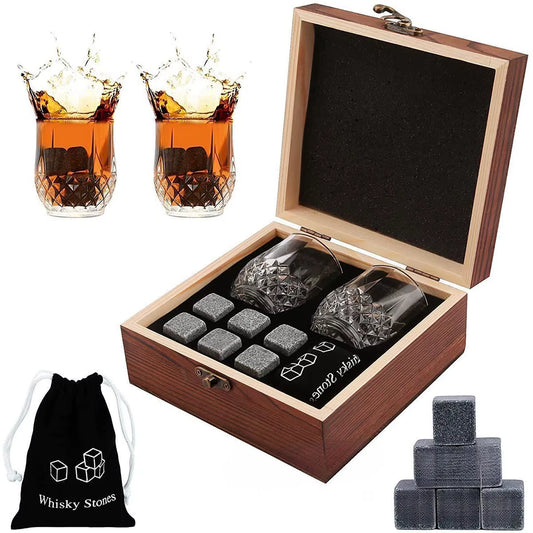 Christmas Valentine'S Gift Whiskey Stones Glasses Set Granite Ice Cube for Whisky in Wooden Bottle Box Present for Dad Husband